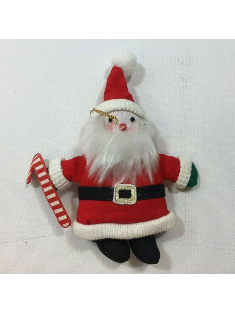 Vintage Santa Claus Plush Ornament Candy Cane Gold String Hanging Holiday Decor